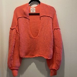 WE THE FREE People SEA BRIGHT Pullover CORAL Cropped MID-WEIGHT KNIT Swe…